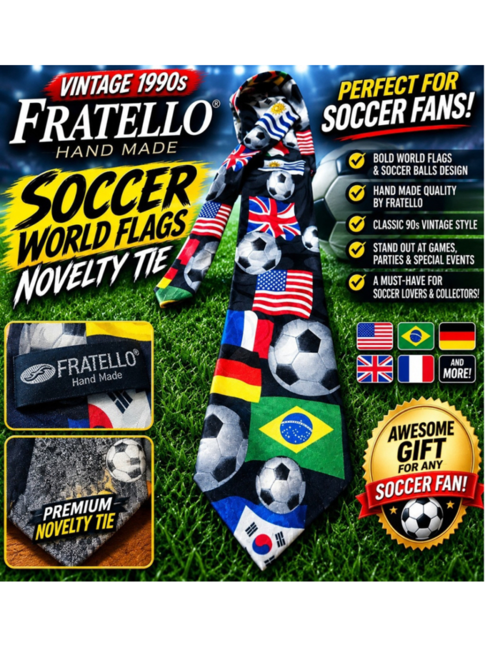 Fratello Hand Made Soccer World Flags Novelty Neck Tie USA Brazil Germany UK